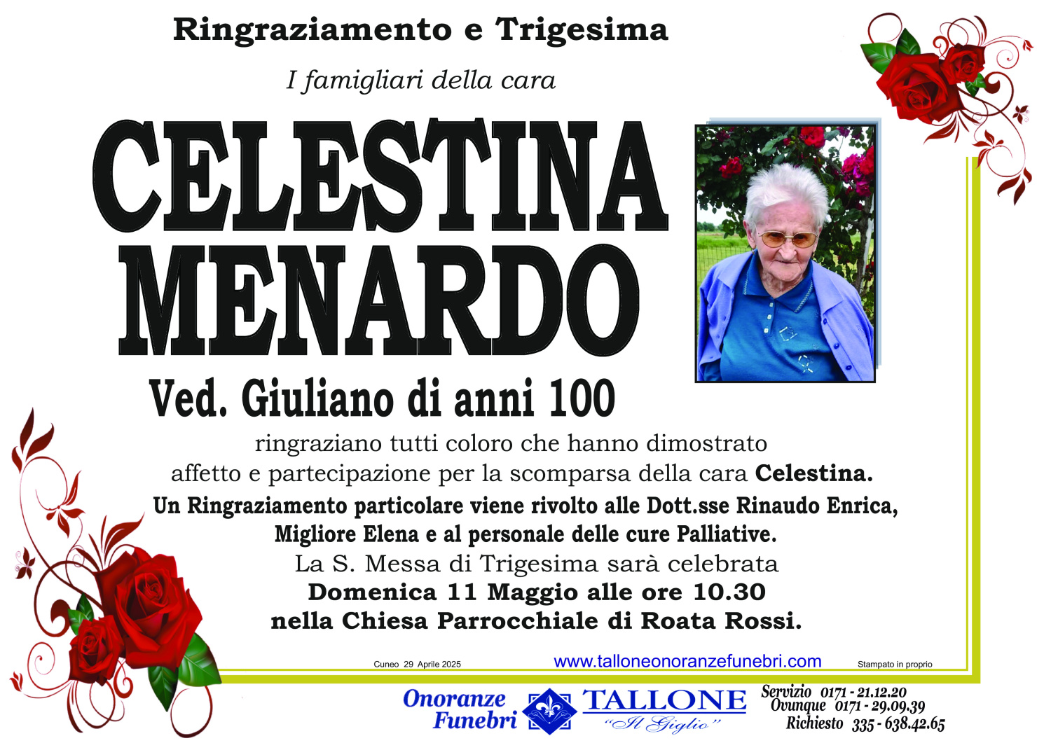 <br />
<b>Warning</b>:  Undefined variable $info in <b>/home/tallone/public_html/ringraziamenti.php</b> on line <b>68</b><br />
Celestina Menardo